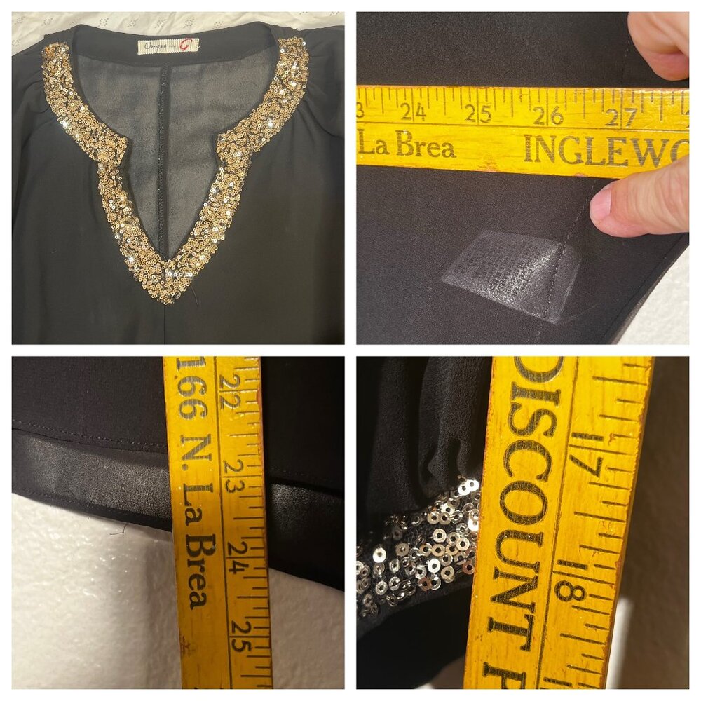 Umgee S Black Batwing Gold Sequin Top USA Sheer Layering Fairy Goth Whimsical - Picture 10 of 16